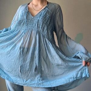 Sheer Smocked Long Sleeve Flowy Blouse
